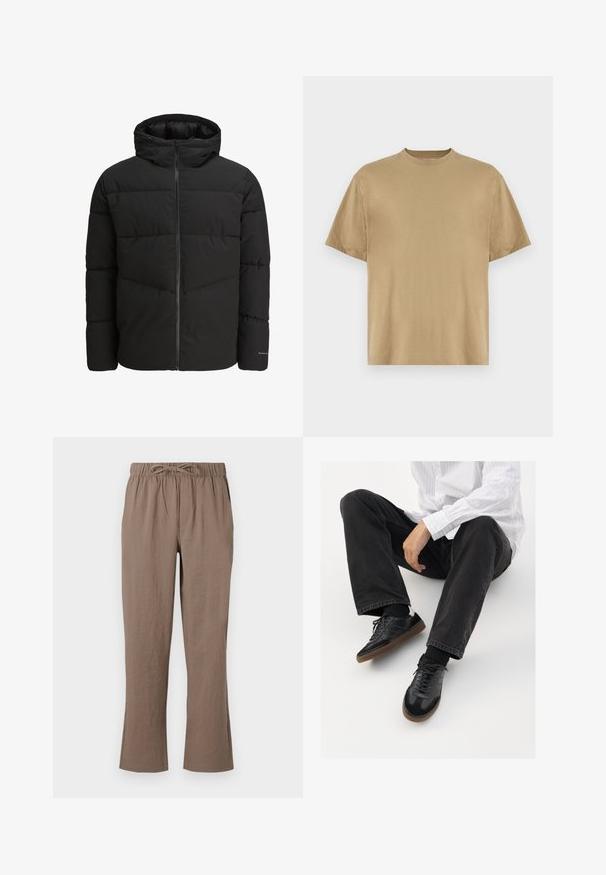 Svart puffjakke med glidelås foran, festet hette, quiltet design og elastiske mansjetter. Har en subtil logo på ermet.; Khaki kortermet T-skjorte laget av mykt stoff, med rund hals og en avslappet passform. Ingen mønstre eller grafikk er synlige.; Brune bomullsbukser med snor i livet, vid ben design og lett flair ved anklene; glatt tekstur og ingen fremtredende mønstre.; Svarte joggesko med en glatt og teksturert overflate, med gummisåle og mørke snører. Kombinert med svarte jeans og en hvit stripet skjorte.