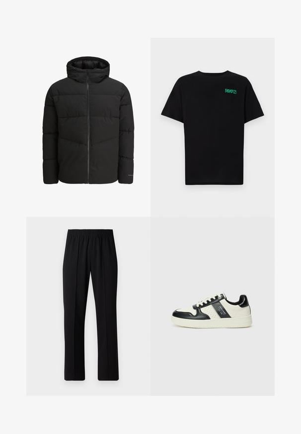 Črna pufasta jakna z zadrgo, pritrjeno kapuco, prešito zasnovo in elastičnimi manšetami. Ima subtilen logotip na rokavu.; Črna majica iz bombaža z kratkimi rokavi. Na sprednji strani ima zeleno logotip "ROOTS", okroglo ovratnico in standardno prileganje.; Črne elastične hlače z ravnimi nogavicami, ki imajo gladko teksturo in brez vidnih vzorcev ali dodatkov.; Usnjeni športni čevlji z črno in krem barvno shemo, ki vključujejo perforirane dodatke, podložen ovratnik in strukturirano podplat.