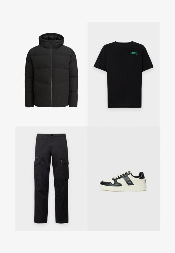 Črna pufasta jakna z zadrgo, pritrjeno kapuco, prešito zasnovo in elastičnimi manšetami. Ima subtilen logotip na rokavu.; Črna majica iz bombaža z kratkimi rokavi. Na sprednji strani ima zeleno logotip "ROOTS", okroglo ovratnico in standardno prileganje.; Črne cargo hlače z več žepi, z zadrgo na stegnu, ravnim krojem in trdnim bombažnim materialom z rahlo sijajem.; Usnjeni športni čevlji z črno in krem barvno shemo, ki vključujejo perforirane dodatke, podložen ovratnik in strukturirano podplat.