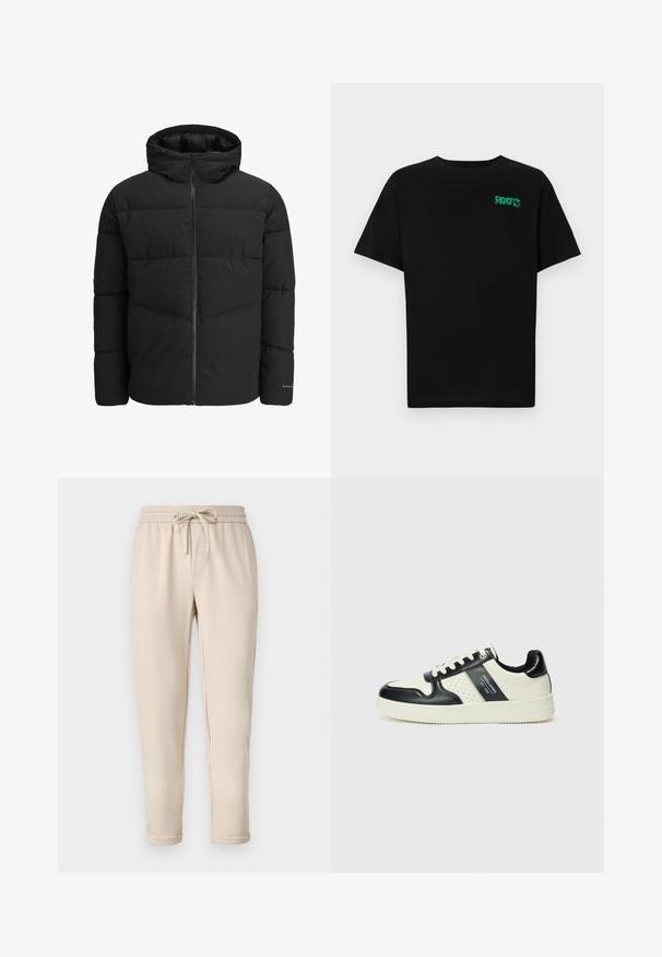Schwarze Steppjacke mit Reißverschluss vorne, angeschnittener Kapuze, gestepptem Design und elastischen Bündchen. Mit subtiler Logoapplikation am Ärmel.; Schwarzes T-Shirt aus Baumwolle mit kurzen Ärmeln. Auf der Vorderseite befindet sich ein grünes "ROOTS"-Logo, es hat einen runden Halsauschnitt und eine normale Passform.; Beige Jogginghosen mit elastischem Bund und Kordelzug, seitlichen Taschen und schmal zulaufenden Knöcheln. Glatte Textur, lässiges Design.; Leder-Sneaker in Schwarz- und Cremetönen, mit perforierten Akzenten, einem gepolsterten Kragen und einer strukturierten Laufsohle.