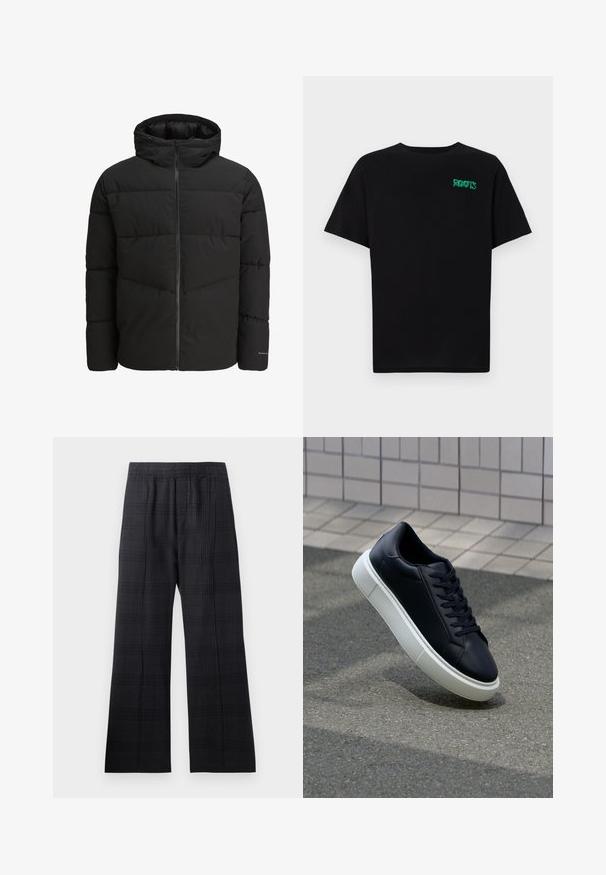 Jack & Jones JJGLOBAL PUFFER JACKET - Zimska jakna - black; Črna majica iz bombaža z kratkimi rokavi. Na sprednji strani ima zeleno logotip "ROOTS", okroglo ovratnico in standardno prileganje.; Črne karirane hlače z elastičnim pasom, širokimi nogavicami, teksturirano tkanino in diskretno vzorec karir. ; Črne usnjene superge z zaobljenim prstom in belim gumijastim podplat. Imajo ravne vezalke in minimalno šivanje na zgornjem delu. Teksturirani podplat za oprijem.