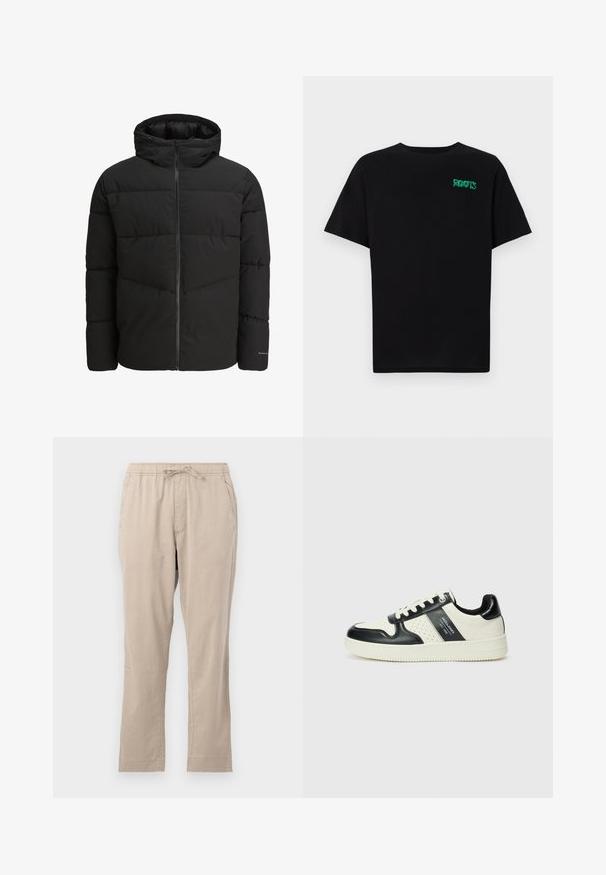 Črna pufasta jakna z zadrgo, pritrjeno kapuco, prešito zasnovo in elastičnimi manšetami. Ima subtilen logotip na rokavu.; Črna majica iz bombaža z kratkimi rokavi. Na sprednji strani ima zeleno logotip "ROOTS", okroglo ovratnico in standardno prileganje.; Bež hlače z lahkim materialom, elastičnim pasom, sprednjimi žepi in vrvico. Gladka tekstura in ravna zasnova nog. ; Usnjeni športni čevlji z črno in krem barvno shemo, ki vključujejo perforirane dodatke, podložen ovratnik in strukturirano podplat.