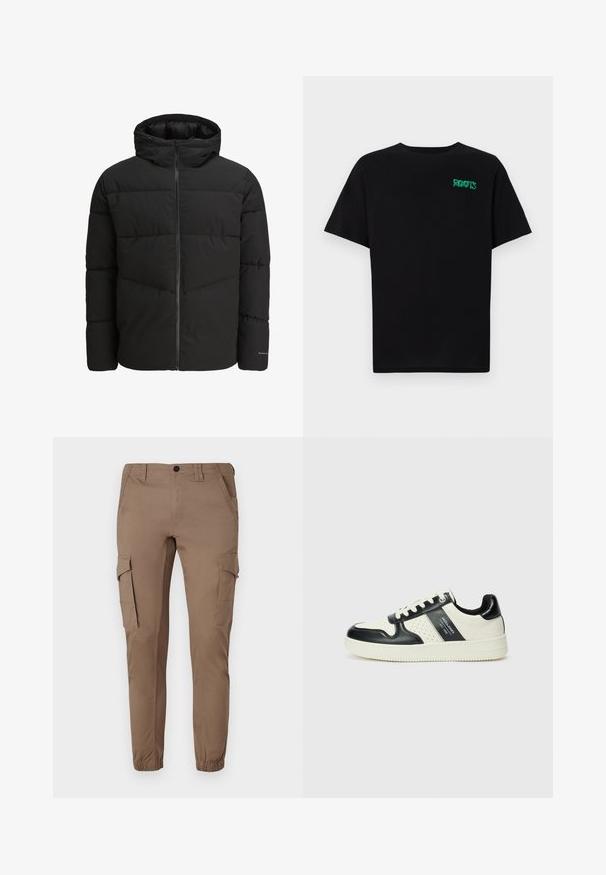 Svart puffjacka med dragkedja fram, fast huva, kviltad design och elastiska ärmslut. Har en diskret logo på ärmen.; Svart t-shirt i bomull med korta ärmar. Har en grön "ROOTS" logotyp på framsidan, rund halsringning och standard passform.; Ljusbruna cargobyxor med elastiska muddar, flera sidofickor och en figursydd design, tillverkade i ett mjukt och slitstarkt material.; Läder sneakers med en svart och krämfärgad färgsättning, med perforerade detaljer, en vadderad krage och en strukturerad yttersula.