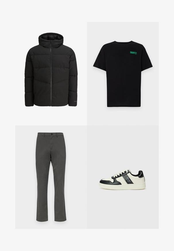 Sort puffjakke med lynlås foran, fast hætte, quiltet design og elastiske manchetter. Har et diskret logo på ærmet.; Sort t-shirt lavet af bomuld med korte ærmer. Har et grønt "ROOTS" logo på forsiden, rund halsudskæring og almindelig pasform.; GAP SLIM PERFORMANCE STRETCH - Chino - soft black; Lædersneakers i sort og creme farveskema, med perforerede detaljer, en polstret krave og en struktureret ydersål.