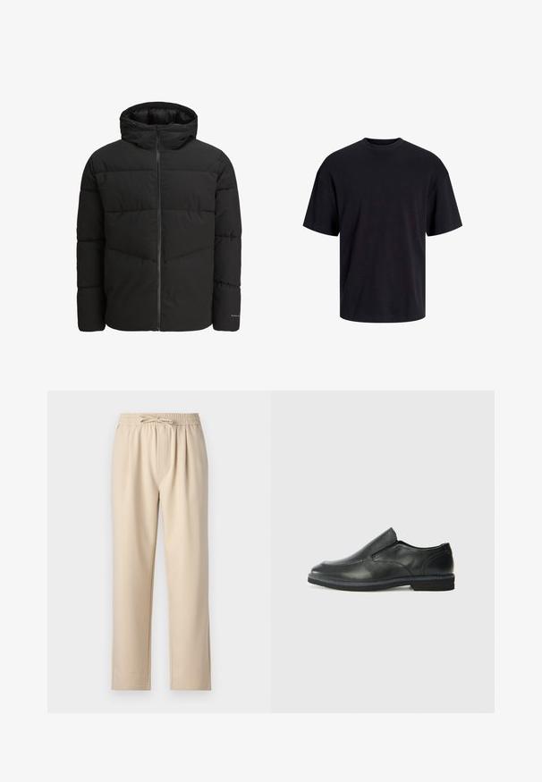 Schwarze Steppjacke mit Reißverschluss vorne, angeschnittener Kapuze, gestepptem Design und elastischen Bündchen. Mit subtiler Logoapplikation am Ärmel.; Schwarzes Baumwoll-T-Shirt mit Rundhalsausschnitt, kurzen Ärmeln und lässiger Passform. Glatte Oberflächenstruktur und keine sichtbaren Muster oder Akzente.; Beige Hose mit einem elastischen Bund und Kordelzug, geradem Bein und weichem, glattem Stoffgefühl.; Schwarze Leder-Slipper mit glattem Obermaterial, gesteppten Akzenten, runder Zehenpartie und niedrigem Gummiabsatz. Die Sohle hat ein minimales Profil.