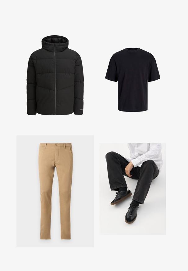 Svart puffjakke med glidelås foran, festet hette, quiltet design og elastiske mansjetter. Har en subtil logo på ermet.; Svart bomull t-skjorte med rund hals, korte ermer og en avslappet passform. Glatt tekstur uten synlige mønstre eller detaljer.; Slim-fit beige chinos med knappelukking, frontlommer og en jevn tekstur. Enkelt design, smalere ben og ren hem.; Svarte joggesko med en glatt og teksturert overflate, med gummisåle og mørke snører. Kombinert med svarte jeans og en hvit stripet skjorte.