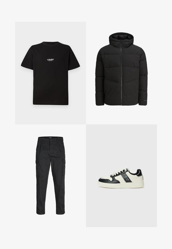 Černá péřová bunda se zipem vpředu, připevněnou kapucí, prošívaným designem a elastickými manžetami. Na rukávu je decentní logo.; Černé bavlněné tričko s kulatým výstřihem a krátkými rukávy. Na horní části hrudi se nachází bílé logo "JJ Studios".; Černé cargo kalhoty vyrobené z odolné tkaniny, s mnoha kapsami, knoflíkovým zapínáním a slim fit střihem se zúženými nohavicemi.; Kožené tenisky s černobílou barevnou kombinací, které mají perforované detaily, polstrovaný límec a texturovanou podrážku.