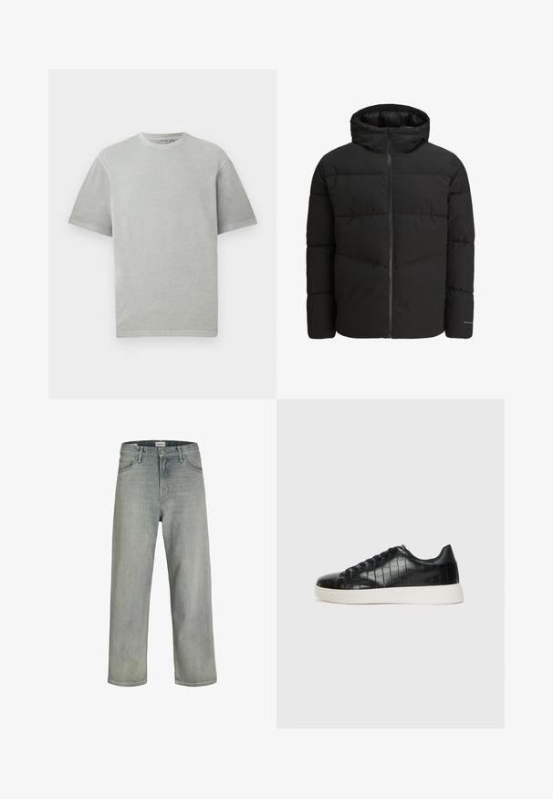 Černá péřová bunda se zipem vpředu, připevněnou kapucí, prošívaným designem a elastickými manžetami. Na rukávu je decentní logo.; Svetle šedé tričko s krátkým rukávem a kulatým výstřihem, vystavené na čistém bílém pozadí.; Svetle šedé, volné džíny z denimu. Mají klasický design se pěti kapsami, poutky na opasek a rovný siluetu nohavic.; Černé tenisky s texturovaným vrškem z kůže s embosovaným hadím vzorem, kulatou špičkou a kontrastní bílou gumovou podrážkou s hladkým povrchem.