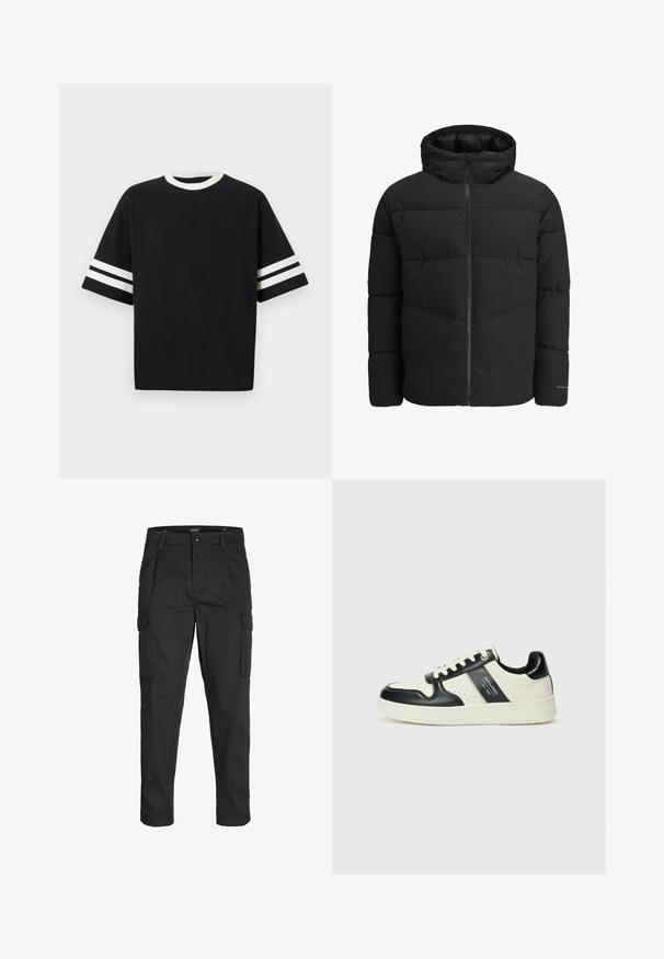Černá péřová bunda se zipem vpředu, připevněnou kapucí, prošívaným designem a elastickými manžetami. Na rukávu je decentní logo.; Černé tričko s krátkým rukávem vyrobené z bavlny, s kulatým bílým výstřihem a dvěma horizontálními bílými pruhy na každém rukávu.; Černé cargo kalhoty vyrobené z odolné tkaniny, s mnoha kapsami, knoflíkovým zapínáním a slim fit střihem se zúženými nohavicemi.; Kožené tenisky s černobílou barevnou kombinací, které mají perforované detaily, polstrovaný límec a texturovanou podrážku.
