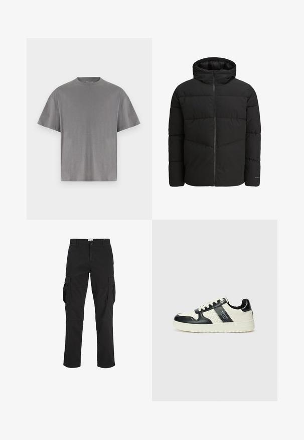 Černá péřová bunda se zipem vpředu, připevněnou kapucí, prošívaným designem a elastickými manžetami. Na rukávu je decentní logo.; Šedé bavlněné tričko s kulatým výstřihem, krátkými rukávy a volným střihem. Hladká textura, bez viditelných vzorů nebo akcentů.; Černé cargo kalhoty vyrobené z bavlny, s několika bočními kapsami, rovným střihem a zapínáním na knoflík v pase.; Kožené tenisky s černobílou barevnou kombinací, které mají perforované detaily, polstrovaný límec a texturovanou podrážku.