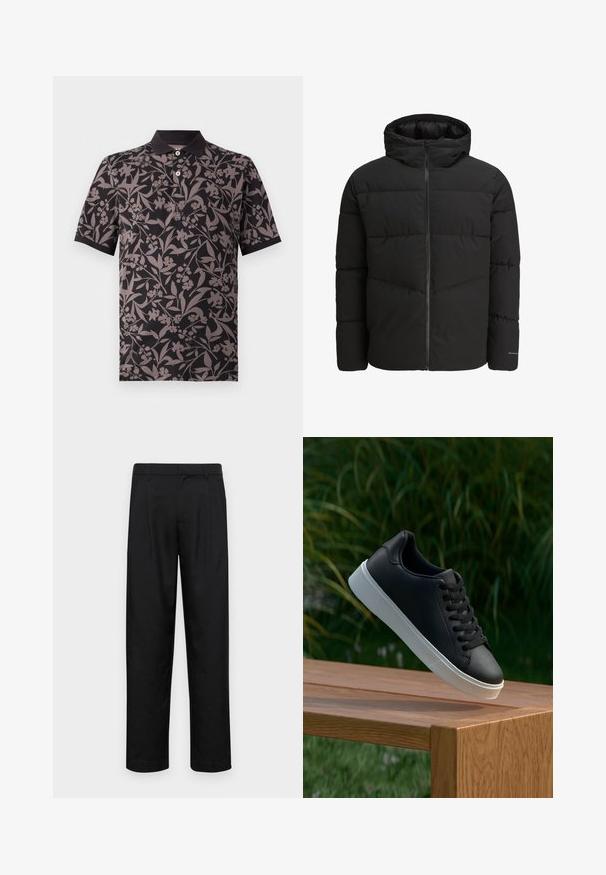 Juodas pūkinis švarkas su užtrauktuku priekyje, pritvirtinta kaptiva, siuvinėta struktūra ir elastiniais rankogaliais. Ant rankovės yra subtilus logotipas.; Juodas polo marškinėlis su gėlių raštu pilkų atspalvių. Yra apykaklė, trumpomis rankovėmis ir trijų mygtukų sagomis.; Juodi kelnių modeliai, pagaminti iš lygios medžiagos, turi tiesią kojas, du priekiniai klostės ir standartinę juosmenį su diržo kilpomis.; Juodas odinis sportbačių modelis su lygiu paviršiumi, baltu guminio pado ir šešiomis skylutėmis raišteliams, eksponuojamas ant medinės paviršiaus.