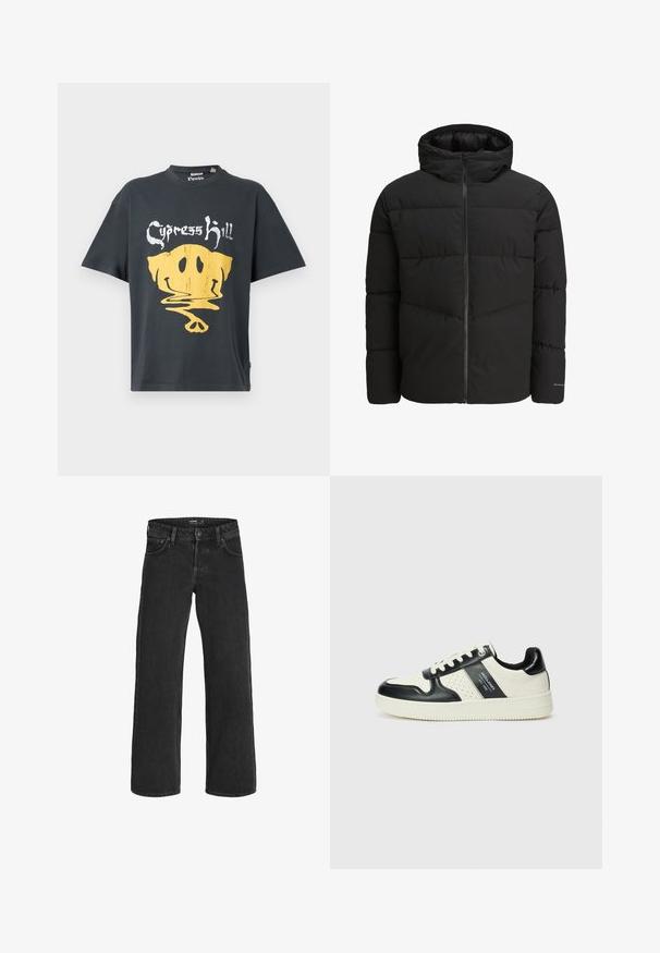 Black puffer jacket with a zip front, attached hood, quilted design, and elastic cuffs. Features a subtle logo on the sleeve.; Black cotton t-shirt with short sleeves, featuring a large yellow cartoon skull graphic and the text "Cypress Kill" above it.; Black wide-leg jeans made from denim; features a classic five-pocket design, sturdy stitching, and a button closure at the waistband.; Leather sneakers with a black and cream color scheme, featuring perforated accents, a padded collar, and a textured outsole.