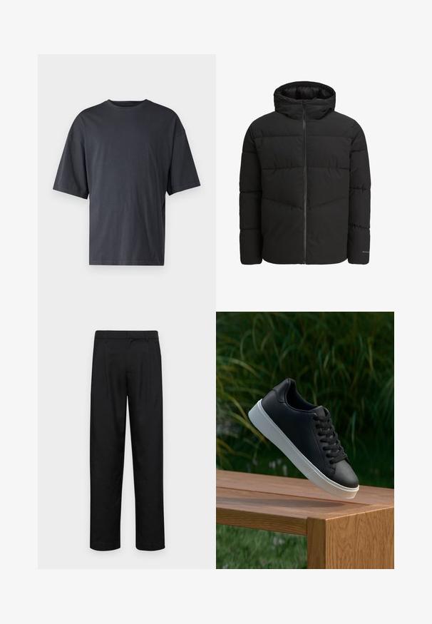 Čierna prešívaná bunda s predným zipsom, pripevnenou kapucňou, prešívaným dizajnom a elastickými manžetami. Obsahuje jemné logo na rukáve.; Tmavošedé tričko s krátkym rukávom vyrobené z ľahkého bavlneného materiálu, s voľným strihom a klasickým okrúhlym výstrihom, bez vzoru a s hladkou textúrou.; Čierne nohavice vyrobené z hladkej tkaniny, s rovnými nohavicami, dvoma prednými skladmi a štandardným pásom s pútkami na opasok.; Čierne kožené tenisky s hladkým povrchom, biela gumená podrážka a šesť dierok na šnúrky, vystavené na drevenom povrchu.