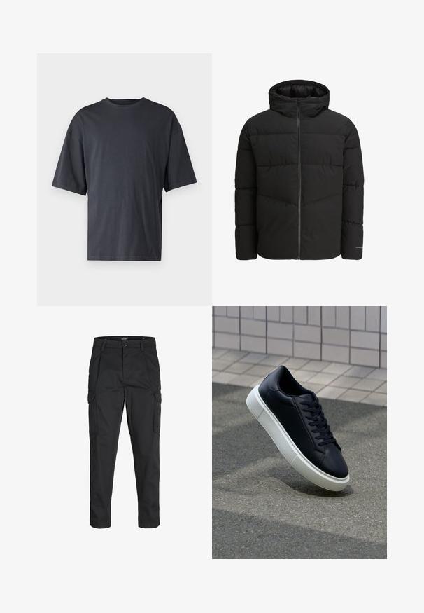Jack & Jones JJGLOBAL PUFFER JACKET - Zimní bunda - black; Tmavě šedé tričko s krátkým rukávem vyrobené z lehké bavlny, s volným střihem a klasickým kulatým výstřihem, s jednolitou strukturou a bez vzorů.; Černé cargo kalhoty vyrobené z odolné tkaniny, s mnoha kapsami, knoflíkovým zapínáním a slim fit střihem se zúženými nohavicemi.; Černé kožené tenisky s kulatou špičkou a bílou gumovou podrážkou. mají ploché tkaničky a minimální šití na svršku. Texturovaná podrážka pro lepší přilnavost.