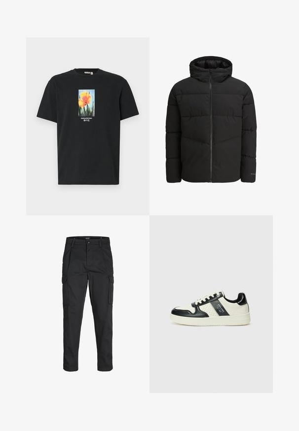 Musta toppatakki, jossa on vetoketjulla oleva etuosa, kiinteä huppu, tikattu muotoilu ja joustavat hihansuut. Hihassa on hillitty logo.; Musta puuvillapaita, jossa on keskeinen floral-kuvio oransseista kukista vihreillä varsilla, korostettuna valkoisella ja sinisellä tekstillä.; Mustat cargo-housut, jotka on valmistettu kestävästä kankaasta. Housuissa on useita taskuja, nappisulku ja kapea istuvuus, jossa on kapenevat lahkeet.; Nahkakengät musta-kerma värimaailmassa, joissa on rei'itetyt yksityiskohdat, pehmustettu nilkkaosa ja teksturoitu pohja.