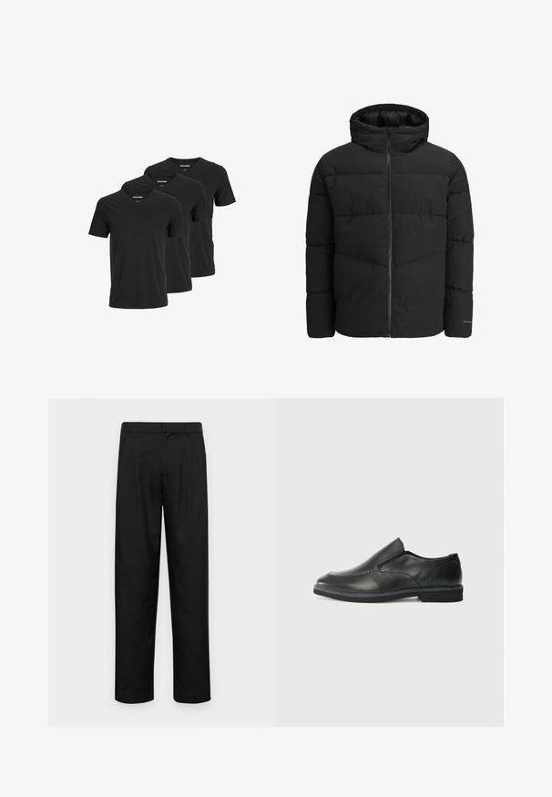 Fekete puffermellény, elülső cipzárral, hozzákapcsolt kapucnival, steppelt dizájnnal és rugalmas mandzsettákkal. Az ujjon diszkrét logó található.; Fekete pamut V nyakú pólók, rövid ujjakkal és normál szabással, három darabos csomagban. Simák, minta vagy díszítés nélkül.; Fekete nadrág sima anyagból, egyenes szárú fazonnal, két elülső redővel és közönséges derékkal, övhurkokkal.; Fekete bőr, slip-on cipő sima felsőrésszel, varrott díszítéssel, lekerekített orral és alacsony gumitalppal. A talpa minimális bordázattal rendelkezik.