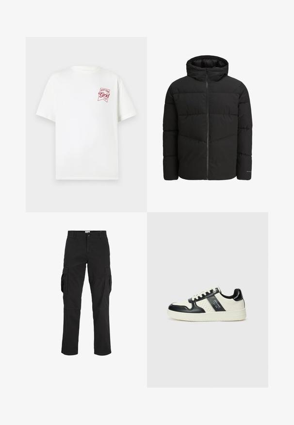 Svart puffjakke med glidelås foran, festet hette, quiltet design og elastiske mansjetter. Har en subtil logo på ermet.; Hvit bomull t-skjorte med korte ermer med en rød logo som viser "OFF THE Grid" på venstre brystområde.; Jack & Jones JPSTKANE JONNIE - Cargobukse - black; Lædersneakers med sort og creme farveskema, der har perforerede detaljer, en polstret krave og en struktureret ydersål.