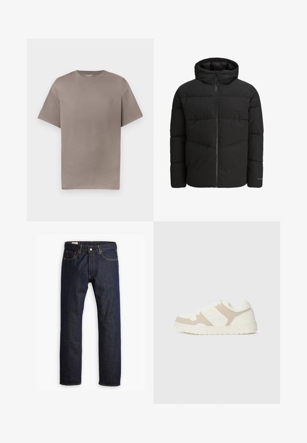 Črna pufasta jakna z zadrgo, pritrjeno kapuco, prešito zasnovo in elastičnimi manšetami. Ima subtilen logotip na rokavu.; Prahla, ohlapna majica s kratkimi rokavi in okroglim izrezom v umirjeni taupe barvi, prikazana na beli podlagi.; Temno modri kavbojki z ravnim krojem, oranžnim šivom in petimi žepi ter kovinskim gumbom za zapiranje.; Bež in bela športna obuvala z mešanico gladkih in semiš tekstur, okroglo konico, vezalni sistem in raven gumijast podplat.