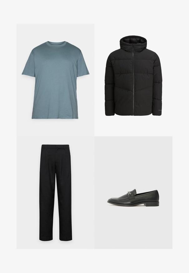 Juodas pūkinis švarkas su užtrauktuku priekyje, pritvirtinta kaptiva, siuvinėta struktūra ir elastiniais rankogaliais. Ant rankovės yra subtilus logotipas.; Jack & Jones JJEBRADLEY NOOS - Paprasti marškinėliai - goblin blue; Juodi kelnių modeliai, pagaminti iš lygios medžiagos, turi tiesią kojas, du priekiniai klostės ir standartinę juosmenį su diržo kilpomis.; Juodos odinės loafer tipo bateliai su lygiu paviršiumi, turintys siuvinėtą dizainą ir dekoratyvų metalo grandinėlės akcentą ant batų viršaus. Plokščias kulnas.