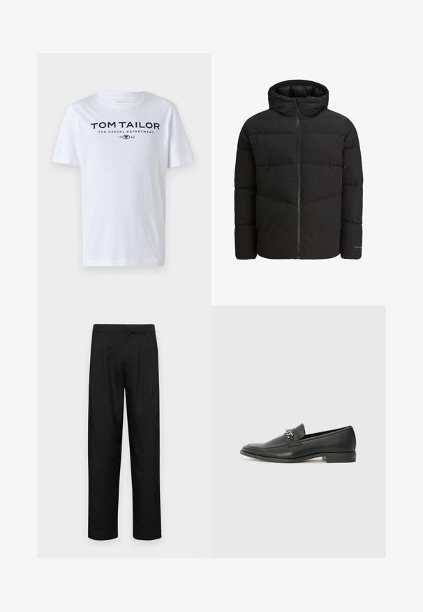 Jack & Jones JJGLOBAL PUFFER JACKET - Vinterjakker - black; Hvid bomulds t-shirt med rund hals, korte ærmer og navy tekst, der læser "TOM TAILOR THE CASUAL DEPARTMENT 1962."; Sorte bukser lavet af glat stof, med et lige ben-design, to frontfolder og en standard talje med bæltestropper.; Sorte læder loafers med en glat finish, der har et syet design og et dekorativt metal kædeaccent hen over vamps. Flad hæl.