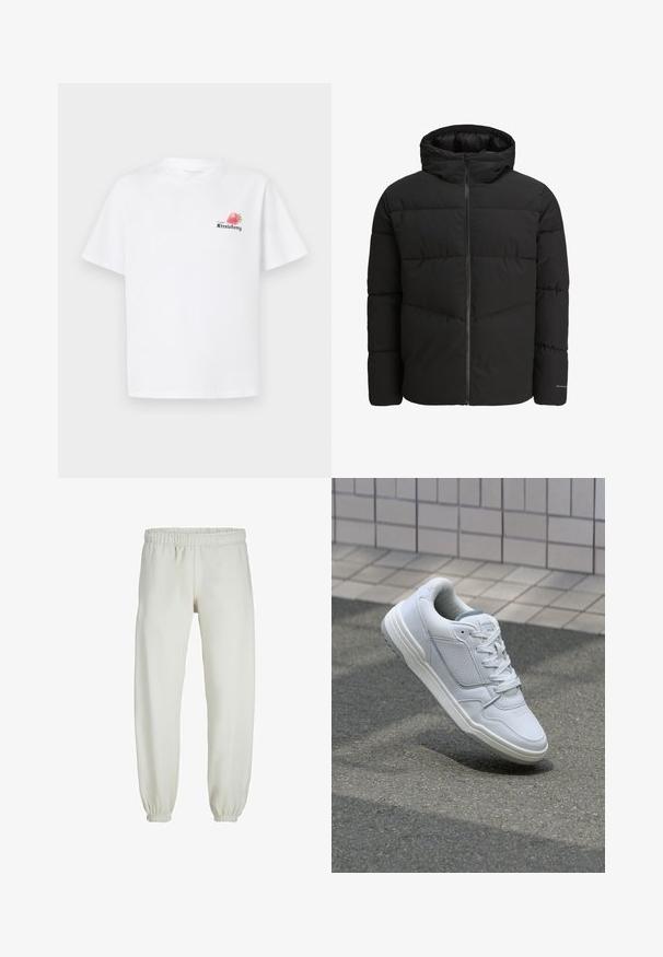 Zwarte pufferjack met een ritssluiting aan de voorkant, een vaste capuchon, gequilt ontwerp en elastische manchetten. Heeft een subtiele logo op de mouw.; Witte katoenen t-shirt met korte mouwen, een ronde halslijn en een kleurrijke bedrukking van een aardbei met de tekst "Bevroren Aardbei."; Witte sweatpants gemaakt van zachte stof, met een elastische tailleband en boorden, een gladde textuur en een losvallend ontwerp.; Witte lederen sneaker met geperforeerde zijkanten, gestructureerde accenten, platte veters en een contrasterende grijze hiel. Voorzien van een iets verhoogde zool.