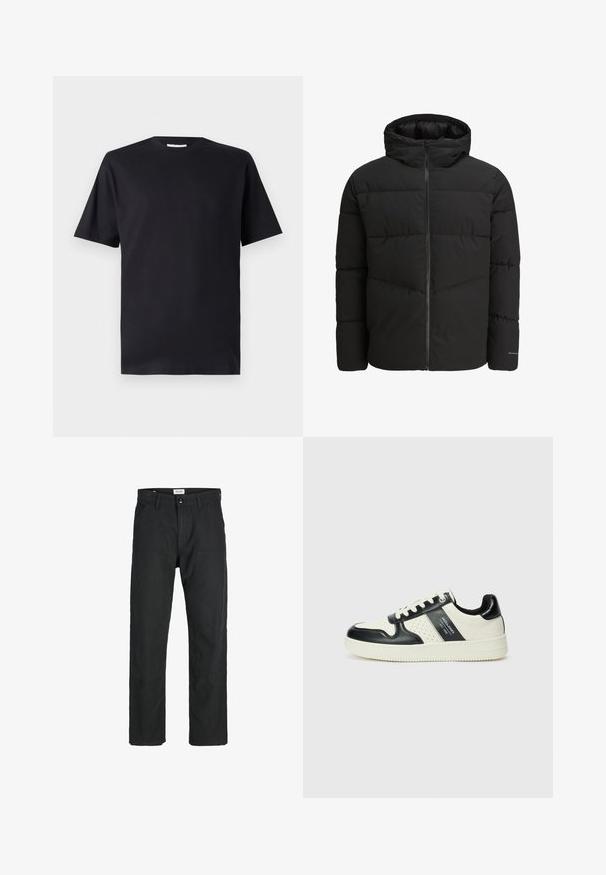 Black puffer jacket with a zip front, attached hood, quilted design, and elastic cuffs. Features a subtle logo on the sleeve.; Black short-sleeve t-shirt made of cotton, featuring a crew neckline and a classic cut, without any patterns or visible branding.; Black pants made of durable fabric, featuring a straight-leg design, stitched accents, and two front pockets for functionality.; Leather sneakers with a black and cream color scheme, featuring perforated accents, a padded collar, and a textured outsole.