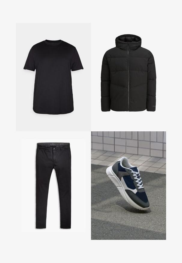Černá péřová bunda se zipem vpředu, připevněnou kapucí, prošívaným designem a elastickými manžetami. Na rukávu je decentní logo.; Černé tričko s krátkým rukávem vyrobené z měkké bavlny, se zaobleným výstřihem a volným střihem, bez viditelných vzorů nebo akcentů.; Černé bavlněné chinos kalhoty s tapered střihem, vybavené pěti kapsami, poutky na opasek a hladkým povrchem. Zapínání na zip s knoflíkovým uzávěrem.; Tenisky s horní částí z námornicky modré síťoviny, šedými semišovými akcenty, bílou gumovou podrážkou a plochými bílými tkaničkami, navržené pro pohodlí a prodyšnost.
