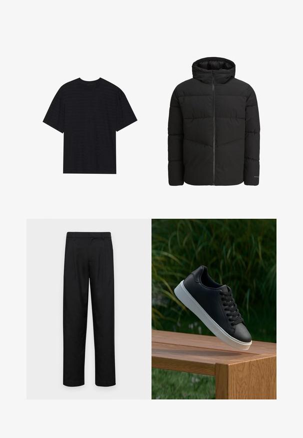 Juodas pūkinis švarkas su užtrauktuku priekyje, pritvirtinta kaptiva, siuvinėta struktūra ir elastiniais rankogaliais. Ant rankovės yra subtilus logotipas.; Juodas trumpomis rankovėmis marškinėliai su subtiliu dryžuotu tekstūru, laisvas kirpimas ir apvaliu kaklu. Minkšta medžiaga be matomų logotipų.; Juodi kelnių modeliai, pagaminti iš lygios medžiagos, turi tiesią kojas, du priekiniai klostės ir standartinę juosmenį su diržo kilpomis.; Juodas odinis sportbačių modelis su lygiu paviršiumi, baltu guminio pado ir šešiomis skylutėmis raišteliams, eksponuojamas ant medinės paviršiaus.