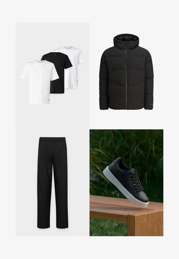 Musta toppatakki, jossa on vetoketjulla oleva etuosa, kiinteä huppu, tikattu muotoilu ja joustavat hihansuut. Hihassa on hillitty logo.; Kolme T-paitaa, valkoinen, musta ja valkoinen, joissa on lyhyet hihat, pyöreä kaulus ja jotka on valmistettu pehmeästä, hengittävästä puuvillakankaasta.; Mustat housut, jotka on valmistettu sileästä kankaasta, suoran lahkeen muotoilulla, kahdella etupleekillä ja tavanomaisella vyötäröllä, jossa on vyölenkit.; Musta nahkakengät, joissa on sileä pinta, valkoinen kumipohja ja kuusi aukkoa nauhoille, esillä puupinnalla.