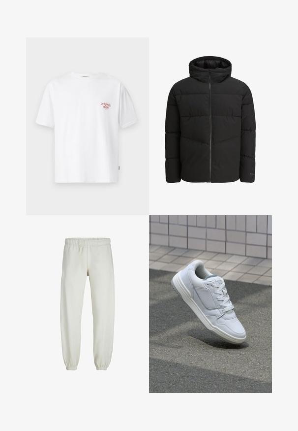 Črna pufasta jakna z zadrgo, pritrjeno kapuco, prešito zasnovo in elastičnimi manšetami. Ima subtilen logotip na rokavu.; Bela bomba majica iz bombaža s kratkimi rokavi in krožnim izrezom, ki ima majhen rdeč grafični napis na levem prsnem delu.; Bele trenerke narejene iz mehkega blaga, z elastičnim pasom in manšetami, gladke teksture in ohlapnega kroja.; Bela usnjena superga s perforiranimi stranicami, teksturiranimi detajli, ravnimi vezalkami in kontrastno sivo peto. Ima rahlo dvignjen podplat.