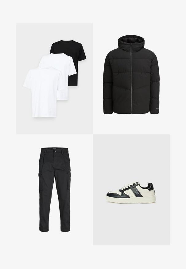 Juodas pūkinis švarkas su užtrauktuku priekyje, pritvirtinta kaptiva, siuvinėta struktūra ir elastiniais rankogaliais. Ant rankovės yra subtilus logotipas.; Tris trumpų rankovių marškinėlių: du balti ir vieni juodi. Pagaminti iš medvilnės, turi apvalią kaklo iškirptę ir paprastą, klasikinį dizainą.; Juodi krovinių tipo džinsai, pagaminti iš tvirto audinio, su keliais kišeniais, mygtuko uždarymu ir siauru, prigludusiu dizainu su siaurėjančiomis kojomis.; Odiniai sportbačiai juodos ir kreminės spalvų schemoje, su perforuotais akcentais, paminkštinta apykakle ir tekstūruotu padu.