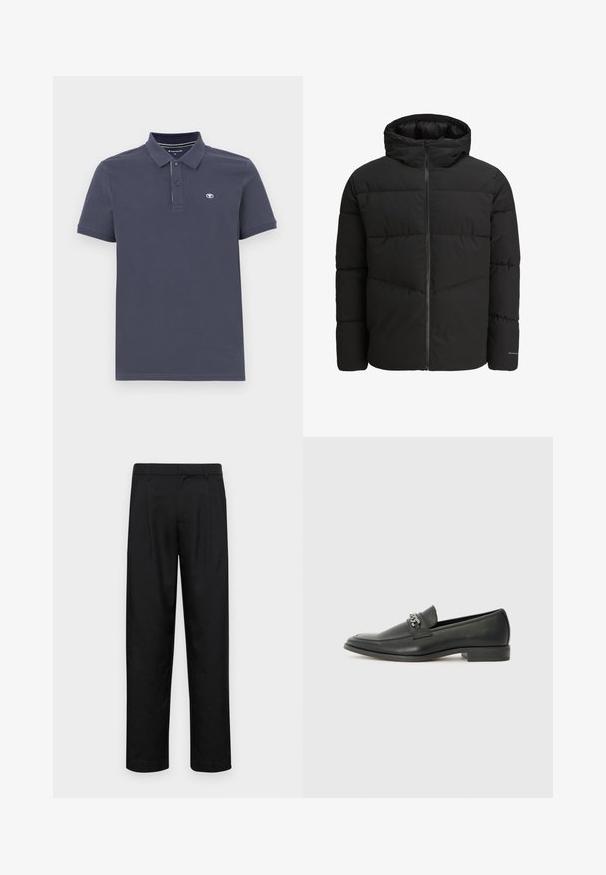 Svart puffjakke med glidelås foran, festet hette, quiltet design og elastiske mansjetter. Har en subtil logo på ermet.; Marineblå polo skjorte i bomullsblanding med to-knapp placket, korte ermer og en liten brodert logo på venstre bryst.; Sorte bukser laget av glatt stoff, med rette ben, to frontfoldninger og standard liv med beltehemper.; Sorte skinnloafers med en glatt finish, og med en sydd design og en dekorativ metallkjedeakcent over foten. Flat hæl.