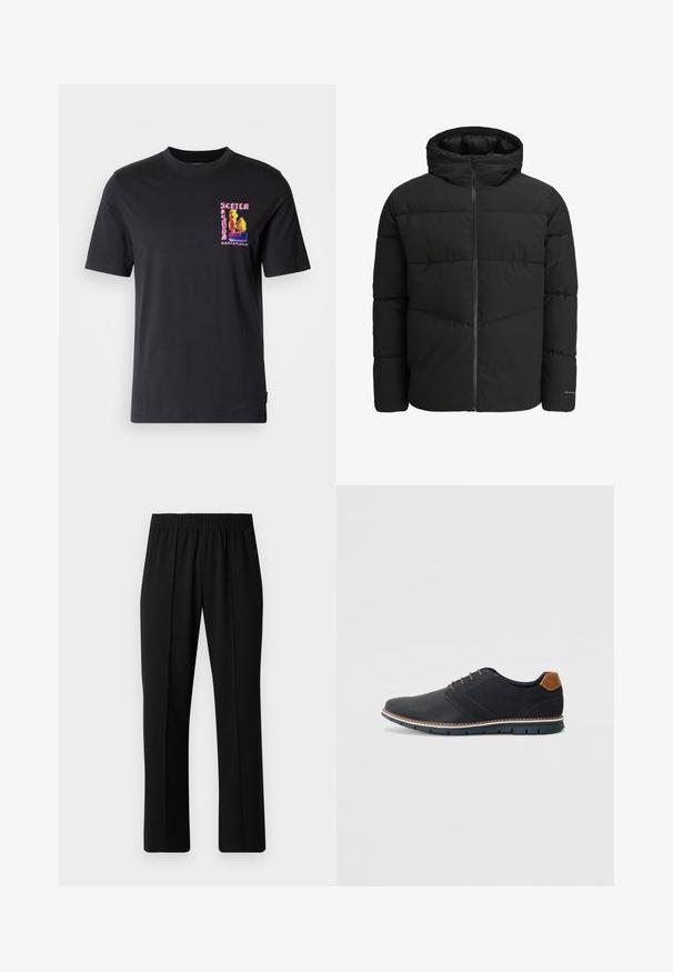 Schwarze Steppjacke mit Reißverschluss vorne, angeschnittener Kapuze, gestepptem Design und elastischen Bündchen. Mit subtiler Logoapplikation am Ärmel.; Schwarzes T-Shirt mit kurzen Ärmeln, das ein bunt gesticktes Grafikdesign auf der linken Brust zeigt, mit der Aufschrift "Scotch Amsterdam". Aus weichem Baumwollstoff.; Schwarze, Gummibund-Hosen mit geradem Schnitt, die eine glatte Textur aufweisen und keine sichtbaren Muster oder Beschläge haben.; Schwarze synthetische Schuhe mit einer strukturierten Oberseite, glatten Akzenten, braunem Absatz und einer kontrastierenden Sohle. Verfügt über minimale Schnürung und Nähdetails.