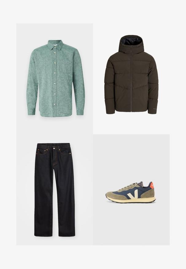 Pufjakas tumši olīvzaļā krāsā, ar pilnu priekšpusi ar rāvējslēdzēju, kapuci un quiltētu tekstūru ar slīpiem šuvju elementiem uz ķermeņa.; GAP STANDARD - Krekls - rain forest; Vīriešu taisno kāju melnie džinsi ar piecām kabatām un oranžu izšuvumu, ar pogu un zipa aizdari priekšējā jostas daļā.; Zaļi un jūras zili sporta apavi ar sieta virsmu, zamša akcentiem, bēšīgu zoli un izteiktu balto V logo. Aizmugurē ir sarkani-oranžs akcentis.