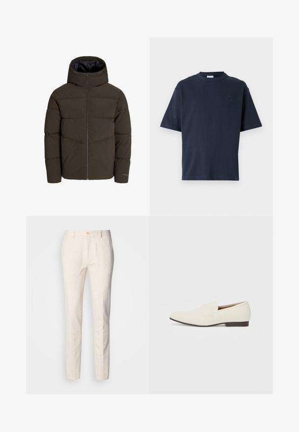 Giacca a vento in verde oliva scuro, con zip frontale completa, cappuccio e texture trapuntata con dettagli delle cuciture angolate sul corpo.; T-shirt a maniche corte di colore blu navy realizzato in cotone. Presenta un colletto rotondo e un logo discreto sul petto. Design a taglio dritto senza motivi.; Pantaloni su misura color beige chiaro realizzati in tessuto morbido. Presentano una chiusura a bottone, passanti per la cintura e un design slim e dritto con texture minima.; Mocassini beige chiaro con punta affusolata, materiale liscio, una fascia sulla tomaia e una suola bassa marrone. Design semplice con accenti minimi.