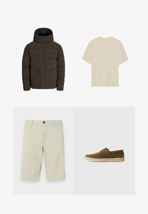 Giacca a vento in verde oliva scuro, con zip frontale completa, cappuccio e texture trapuntata con dettagli delle cuciture angolate sul corpo.; T-shirt a maniche corte di colore crema con una delicata trama a righe e scollo rotondo, realizzato in tessuto leggero.; Shorts beige realizzati in un leggero misto cotone, con una parte anteriore piatta, passanti per la cintura, chiusura a bottone e orlo fino al ginocchio.; Scarpe in suede marrone con profilo basso, design con lacci, suola in gomma e dettagli di cucitura a contrasto. Stile semplice e funzionale.