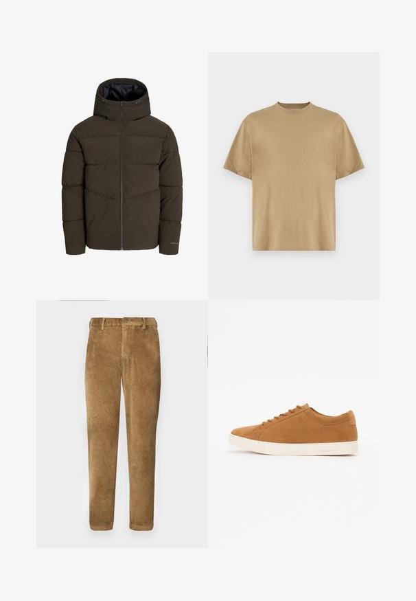 Puffjakke i mørk olivengrønn, med full front glidelås, hette og kviltet tekstur med skrå sømdetaljer på kroppen.; Khaki kortermet T-skjorte laget av mykt stoff, med rund hals og en avslappet passform. Ingen mønstre eller grafikk er synlige.; Brune kordfløyelsbukser med vertikal ribbestruktur, rett passform, knappelukking og beltehemper. Glatt stoff med en myk finish.; Brune semskede sneakers med lavtopdesign, hvid gummi sål og rund tå. Har matchende snørebånd og minimal branding på hælen.