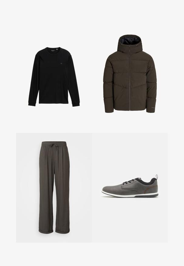 Sötét olívazöld puffdzseki, teljes elülső cipzárral, kapucnival és steppelt textúrával, amelyek ferde varrási részletekkel díszítik a testet.; Fekete, hosszú ujjú póló puha anyagból; kerek nyakkal, bordázott mandzsettákkal és egy kis logóval a mellkasán a részletesség kedvéért.; Sötétszürke, bővülő lábú nadrág, zsinóros derekú, puha, texturált anyagból készült, és a bokáknál felgöngyölített ujjak jellemzik.; Szürke bőr cipők fekete akcentusokkal, kerek orral, fűzős kialakítással, fehér talppal és egy kis húzófüllel a saroknál.