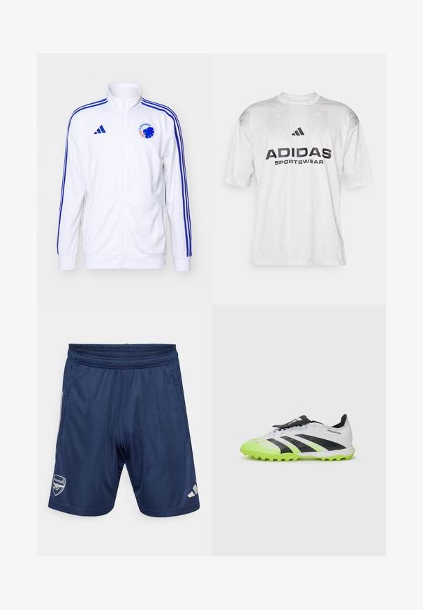Casaco desportivo branco com riscas azuis, com fecho éclair à frente e logótipo. Feito de tecido suave, apresentando punhos e bainha com nervuras.; adidas Sportswear TIRO TEE - T-shirt estampada - grey one/black; Calções desportivos azuis marinhos com cintura elástica, dois bolsos laterais e o logótipo do Arsenal. Feitos de um tecido liso e leve. Detalhes em prata.; Chuteira de futebol branca e preta com detalhes em verde néon. Parte superior texturizada, riscas pretas e cravos moldados numa sola vibrante contrastante.