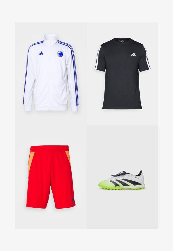 Casaco desportivo branco com riscas azuis, com fecho éclair à frente e logótipo. Feito de tecido suave, apresentando punhos e bainha com nervuras.; T-shirt preto feito de algodão, com mangas curtas, apresentando riscas brancas nos ombros e um logótipo branco no lado esquerdo do peito.; Calções de atletismo vermelhos com uma cinta elástica, apresentando painéis laterais laranja e um logo azul no canto inferior esquerdo. Acabamento têxtil liso.; Chuteira de futebol branca e preta com detalhes em verde néon. Parte superior texturizada, riscas pretas e cravos moldados numa sola vibrante contrastante.