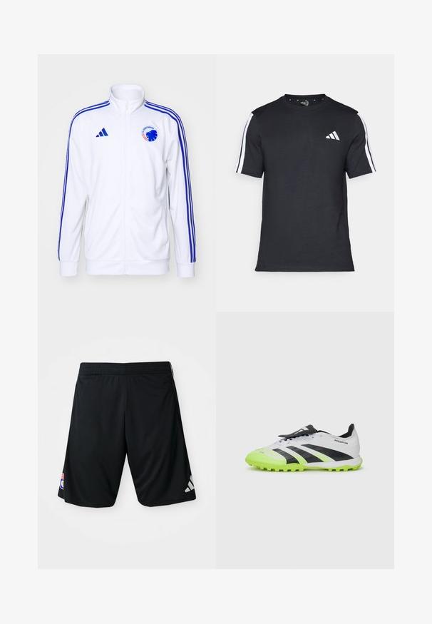 Valge spordijakk siniste triipude ja tõmblukuga ees, millel on logo. Valmistatud sileda kangaga, ribased mansetid ja äär.; Mustvalge T-särk puuvillast, lühikeste varrukatega, millel on valged triibud õlgadel ja valge logo vasakul rinnal.; Mustad musta sportlikud lühikesed püksid, mis on valmistatud siledast, kergest kangast. Omavad elastset vööd, halli Adidas logo ja külje peal plaastrit.; Valge ja must jalgpallijalats, millel on neoonrohelised aktsendid. Tekstureeritud pealis, mustad triibud ja vormitud aktsendid kontrastse erksate tallaga.