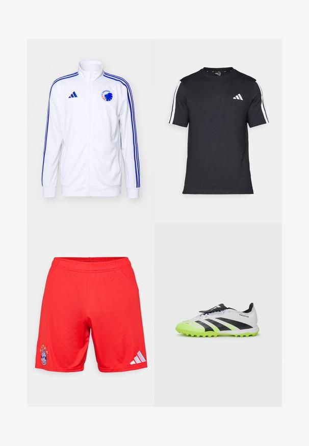 Valge spordijakk siniste triipude ja tõmblukuga ees, millel on logo. Valmistatud sileda kangaga, ribased mansetid ja äär.; Mustvalge T-särk puuvillast, lühikeste varrukatega, millel on valged triibud õlgadel ja valge logo vasakul rinnal.; Punased sportlikud šortid, mis on valmistatud siledast kangast, millel on tikitud logo ja viis tähte selle kohal, ning valged Adidas triibud külgedel.; Valge ja must jalgpallijalats, millel on neoonrohelised aktsendid. Tekstureeritud pealis, mustad triibud ja vormitud aktsendid kontrastse erksate tallaga.