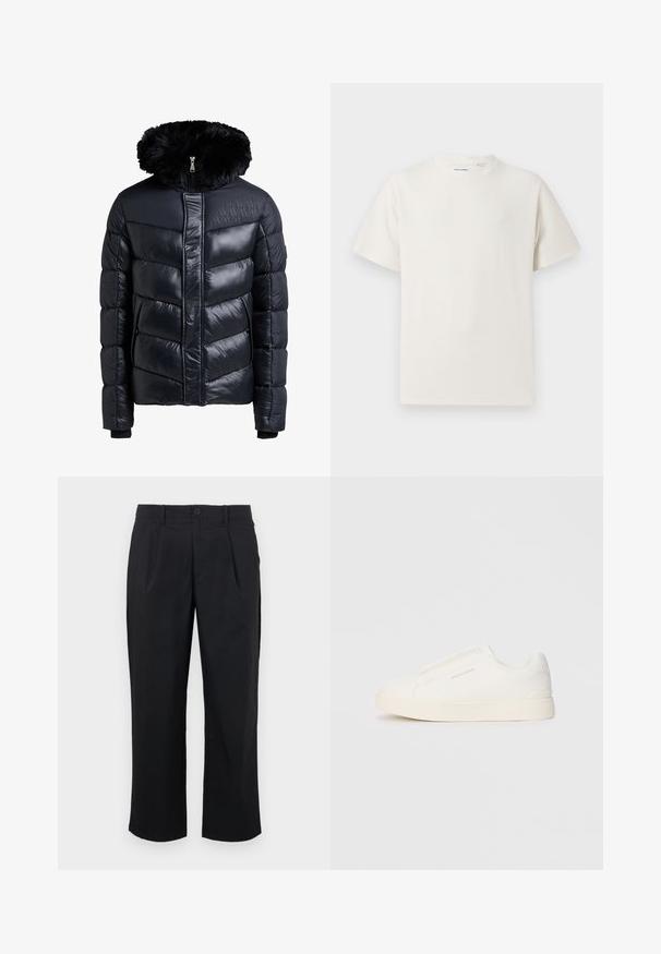 Black puffer jacket with a detachable faux fur hood, quilted chevron pattern, two side pockets, and full front zipper.; White short-sleeve T-shirt in a ribbed texture. Round neckline, relaxed fit, no visible patterns or accents. Simple and versatile design.; Black trousers with a straight fit, featuring pleats at the front, a button closure, and smooth fabric texture.; White slip-on sneakers with a textured surface, a thick sole, and minimalistic design. Features brand logo on the side.