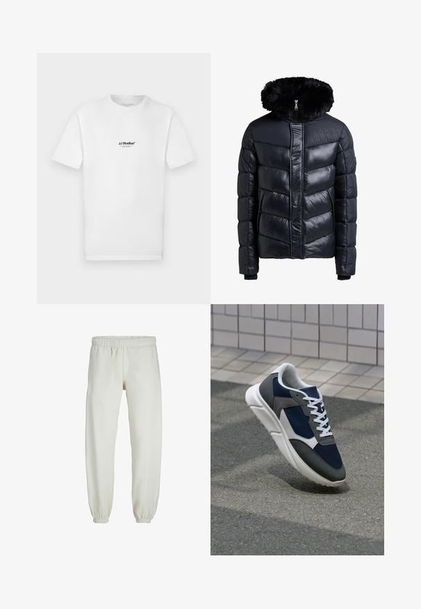 Doudoune noire avec une capuche en fausse fourrure amovible, motif en chevrons matelassé, deux poches latérales et fermeture éclair sur le devant.; T-shirt en coton blanc à manches courtes et col rond. Il présente un petit logo noir "JJ Studios" sur la poitrine.; Pantalons de survêtement blancs en tissu doux, avec une taille et des poignets élastiques, présentant une texture lisse et un design ample.; Baskets avec une tige en mesh bleu marine, des accents en suède gris, une semelle en caoutchouc blanc et des lacets plats blancs, conçues pour le confort et la respirabilité.