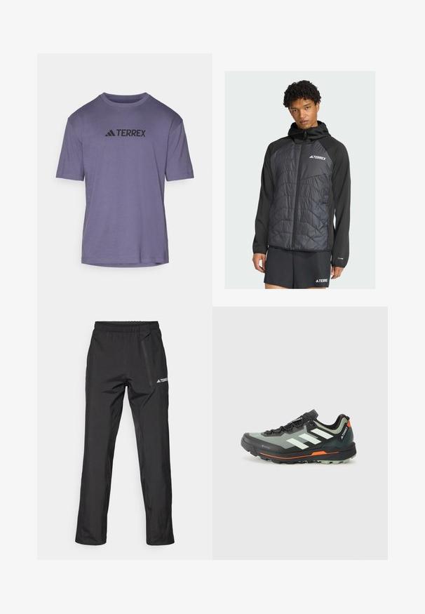 Un joven con cabello rizado lleva una chaqueta negra Terrex sobre un atuendo oscuro, de pie frente a un fondo claro, mirando directamente al espectador.; Camiseta de manga corta morada hecha de tejido suave, con un logo negro "TERREX" en el pecho y un cuello de barco.; Pantalones ligeros negros para exteriores con cintura elástica, bolsillos con cremallera y logo impreso. Textura suave y corte de pierna recta.; Zapatilla de trail running ligera con una parte superior de malla gris y negra, detalles en naranja y una suela robusta para tracción. Forro impermeable Gore-Tex.