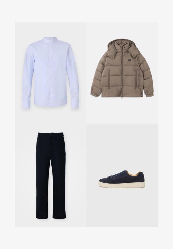 Šviesiai ruda pūkinė striukė su aukštu apykakle, nuimamu gobtuvu, užtrauktukais priekyje kišenėse ir horizontaliai siuvinėjimu. Minkšta, šiltinama medžiaga.; Šviesiai mėlynas ilgomis rankovėmis marškinis su vertikaliomis baltomis juostelėmis, su juostos tipo apykakle ir mygtukų uždarymu, kuriame yra apvalūs balti mygtukai; lygus paviršius.; Tamsiai mėlynos medvilninės kelnės, turinčios tiesioginį kirpimą, priekyje užsegamos mygtuku ir klasikine juosta su dirželio kilpom.; Jūros laivyno zomšiniai žemakulniai sportbačiai su apvaliu nosiu, šviesiai balta guma sole ir atitinkančiomis raištelėmis; turi kontrastingą tan spalvos vidinę pamušalą.