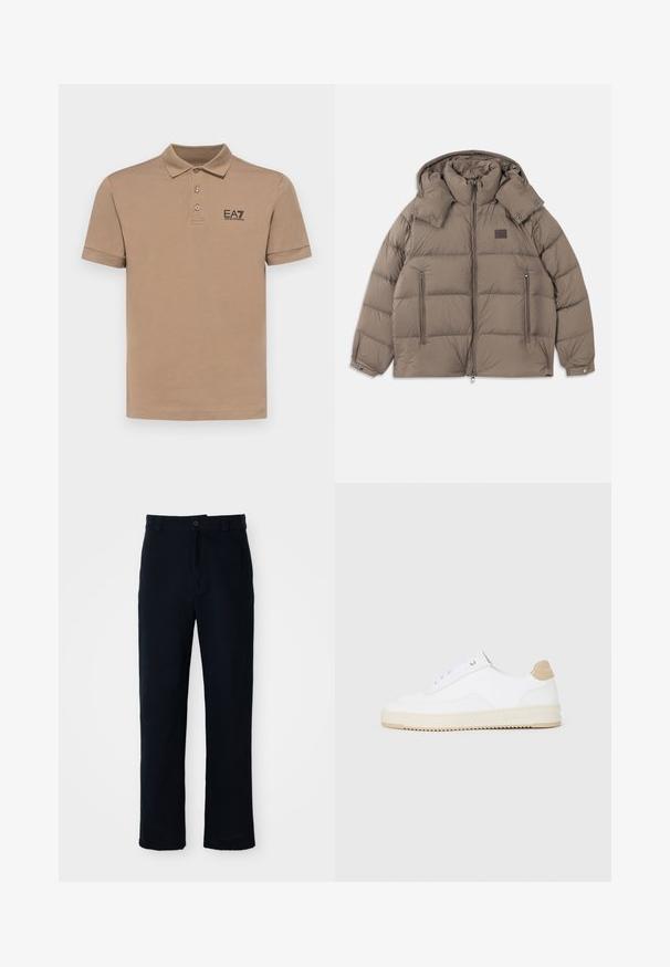 Kergedusjakk heles pruuni värviga, millel on kõrge kaelus, eemaldatav kapuuts, lukuga ees taskud ja horisontaalne tilk. Pehme, soojustatud materjal.; EA7 Emporio Armani TRAIN CORE - Polosärk - portabella; Tumed sinelased püksid puuvillast, sirge lõikega, eesnupu sulgemisega ning klassikalise vöökohaga, kus on vööaasad.; Valged madala varsaga tennisetooted, mille pealmine on tekstuuriga nahast, kreemja soonikuga tald ja pruuni tooni kand. Omab valgeid paelu ja logodetaile kanna peal.