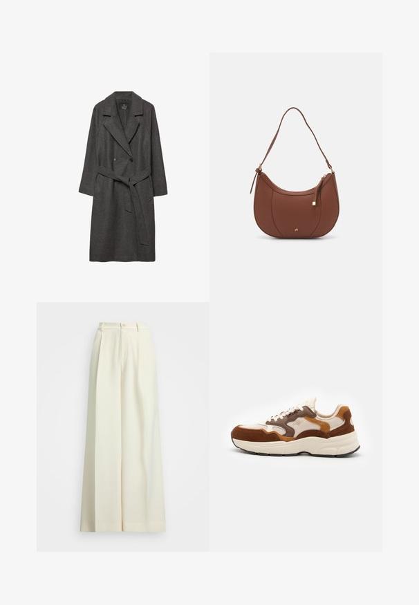 Dunkelgrauer Wollmantel mit breiten Revers, doppelt geknöpftem Vorderteil, Vordertaschen und einem passenden Gürtel in der Taille. Glatte Textur, knielanges Design.; Cremfarbener Kabelstrickpullover mit tiefem V-Ausschnitt, verziert mit marineblauen Paillettenstreifen am Kragen und an den Ärmelbündchen. Lange Ärmel mit geripptem Saum.; Weite Hosen aus cremefarbenem Stoff mit hoher Taille, doppelten Falten und einem Knopfverschluss. Glatte Textur und tailliertes Design.; Sneaker mit einem oberen Teil aus beigem Mesh, braunen und hellbraunen Wildlederelementen und einer dicken cremigen Sohle. Verfügt über Schnürsenkel und ein strukturiertes Design an der Seite.; Braune Kunstleder-Schultertasche mit geschwungener Form, minimaler Naht und goldfarbener Hardware-Akzent. Verfügt über einen oberen Reißverschluss und einen verstellbaren Trageriemen.