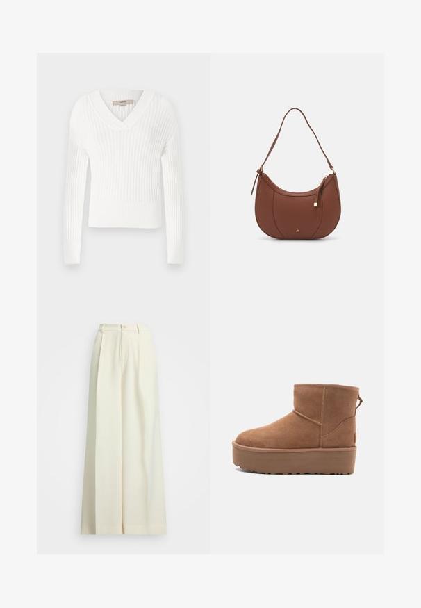 Dunkelgrauer Wollmantel mit breiten Revers, doppelt geknöpftem Vorderteil, Vordertaschen und einem passenden Gürtel in der Taille. Glatte Textur, knielanges Design.; Weißer gerippter Strickpullover mit V-Ausschnitt, langen Ärmeln und cropped Design; verfügt über eine strukturierte Oberfläche und enganliegende Bündchen.; Weite Hosen aus cremefarbenem Stoff mit hoher Taille, doppelten Falten und einem Knopfverschluss. Glatte Textur und tailliertes Design.; Beige Wildleder-Ankle-Boot mit Plateausohle, abgerundetem Zehenbereich und abgesteppten Akzenten; verfügt über eine Zuglasche hinten für einfaches An- und Ausziehen.; Braune Kunstleder-Schultertasche mit geschwungener Form, minimaler Naht und goldfarbener Hardware-Akzent. Verfügt über einen oberen Reißverschluss und einen verstellbaren Trageriemen.
