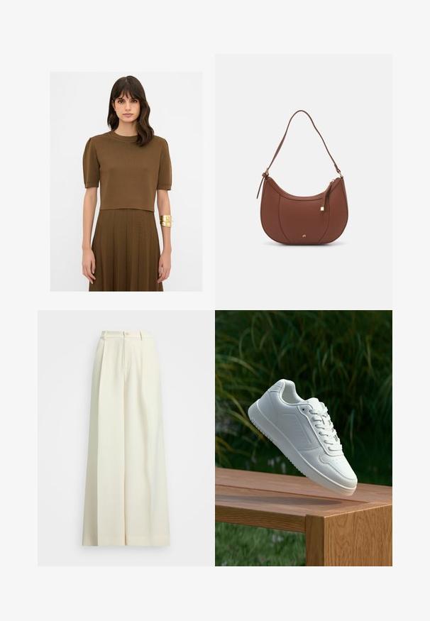 Mörkgrå ullkappa med breda slag, dubbelknäppt fram, framfickor och ett matchande bälte i midjan. Slät textur, knälång design.; Brun ribbad stickad topp med korta puffärmar, rund halsringning och en cropped silhuett. Guldarmband på höger arm.; Vida med vida byxorna i off-white tyg, med hög midja, dubbla veck och knappstängning. Slät textur och skräddarsydd design.; Vita sneakers med en slät syntetisk ovandel, perforerat tåparti, platta snören och en strukturerad sula, placerade på en träyta.; Brun faux läder axelväska med rundad form, minimal sömnad och detaljer i guldfärgad hårdvara. Har en övre dragkedjestängning och justerbar rem.